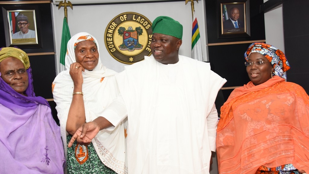 R-L: Lagos State Governor, Mr. Akinwunmi Ambode (2nd right), with Deputy Governor, Dr. (Mrs.) Oluranti Adebule; National President, Federation of Muslim Women Association of Nigeria (FOMWAN), Hajia Amina Omoti and former National President of the Association, Alhaja Latifat Okunnu during a courtesy visit to the Governor at the Lagos House, Ikeja, on Thursday, November 3, 2016. 