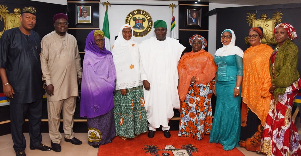 L-R: Lagos State Governor, Mr. Akinwunmi Ambode (middle), in a group photograph with Special Adviser on Food Security, Mr. Ganiyu Okanlawon Sanni; Commissioner for Home Affairs, Dr. Abdul-Hakeem Abdul-Lateef; former National President, Federation of Muslim Women Association of Nigeria (FOMWAN), Alhaja Latifat Okunnu; National President of the Association, Hajia Amina Omoti, Deputy Governor, Dr. (Mrs.) Oluranti Adebule; Commissioner for Youth & Social Development, Pharm. (Mrs.) Uzamat Akinbile-Yusuf; Special Adviser on Housing, Mrs. Aramide Giwanson and her Urban Development counterpart, Mrs. Yetunde Onabule during FOMWAN courtesy visit to the Governor,  at the Lagos House, Ikeja, on Thursday, November 3, 2016. 