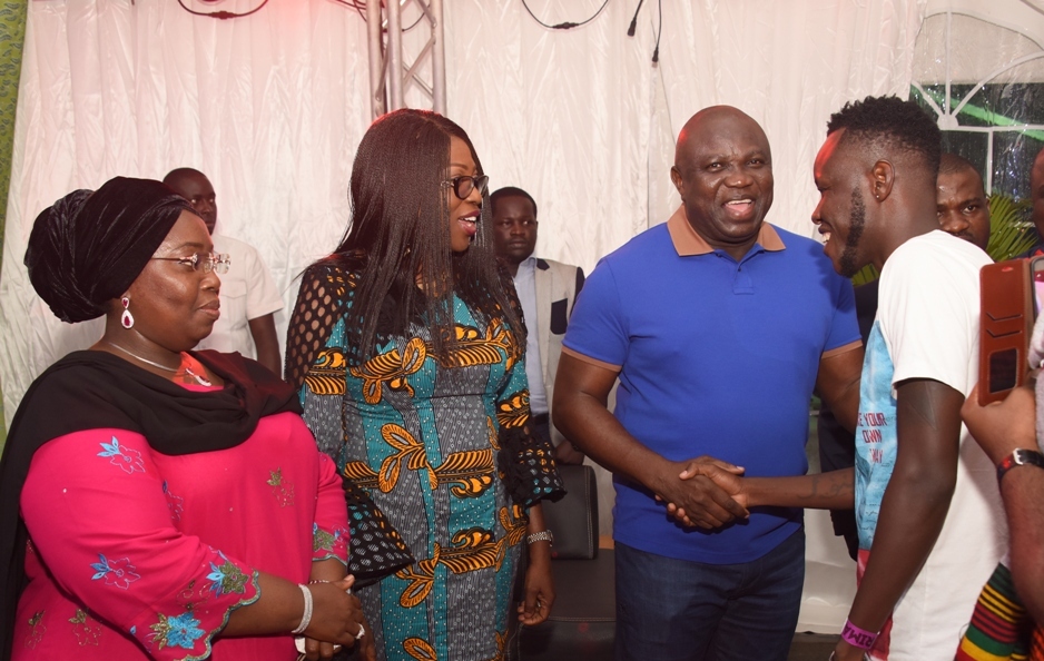  Lagos State Governor, Mr. Akinwunmi Ambode (2nd right), with Ghanaian Rapper, Mac- Abubakar Nuru (right); Wife of Lagos State Governor, Mrs. Bolanle Ambode (2nd left) and Deputy Governor, Dr. (Mrs.) Oluranti Adebule (left) watch during a Cocktail with AFRIMA and Africa Union Delegates at the Lagos House, Ikeja, on Saturday, November 5, 2016. 