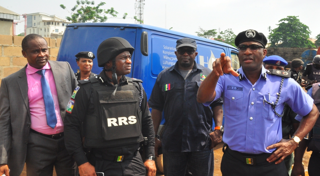 Lagos State Police Commissioner, Mr. Fatai Owoseni; Permanent Secretary, Lands Bureau, Lagos State Governor’s Office, Mr. Bode Agoro; Commander, Rapid Response Squad (RRS), ACP Tunji Disu and Chief Security Officer to the Lagos State Governor, CSP Saheed Kassim during the arrest of Operators of an illegal Oil Depot in Oregun, Onigbongbo LCDA, on Thursday, December 1, 2016.