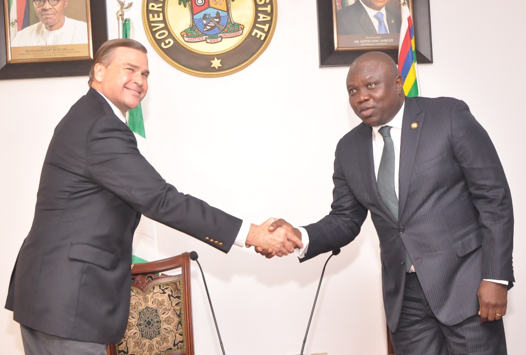 Lagos State Governor, Mr. Akinwunmi Ambode (right), in a warm handshake with US Ambassador to Nigeria , Mr. Stuart Symington during a courtesy visit to the Governor at the Lagos House,Ikeja, on Thursday, December 8, 2016
