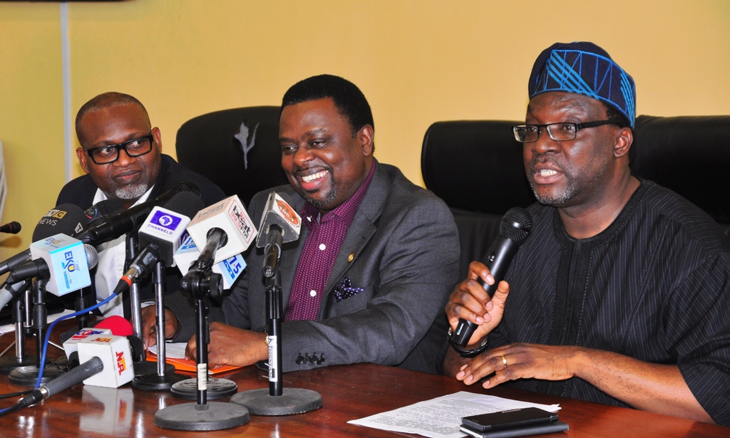 Commissioner for Science & Technology, Mr. Olufemi Odubiyi (middle); Commissioner for Information & Strategy, Mr. Steve Ayorinde (right) and Director General, Office of Transformation, Creativity & Innovation, Mr. Toba Otusanya during  a press briefing on the launching of an Online Platform to interact with Citizens at the Bagauda Kaltho Press Centre, The Secretariat, Alausa, Ikeja, on Thursday, January 26, 2017.  