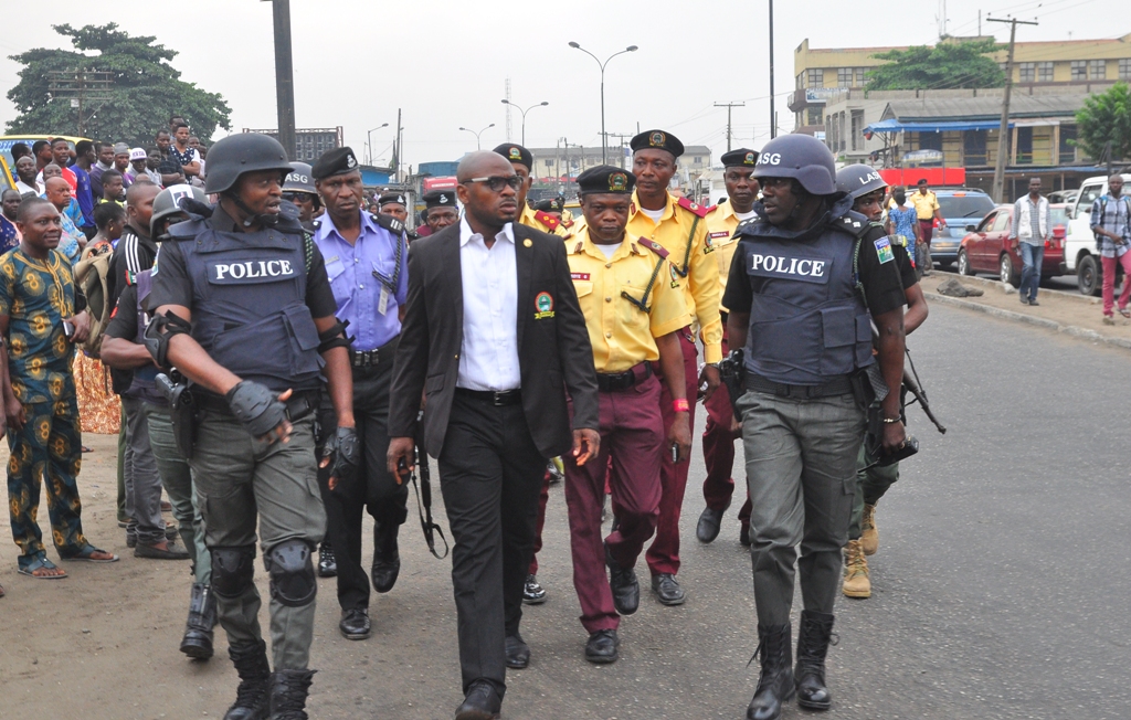  Chairman, Lagos State Task Force, SP Yinka Egbeyemi; General Manager, Lagos State Traffic Management Authority, LASTMA, Mr. Olawale Musa; Head, Operation, LASTMA, Mr. Adeoye Oluyemi and Deputy Chairman, Lagos State Task Force, DSP Adetayo Akerele during a joint traffic enforcement at Agege and its environs on Friday, January 20, 2017.