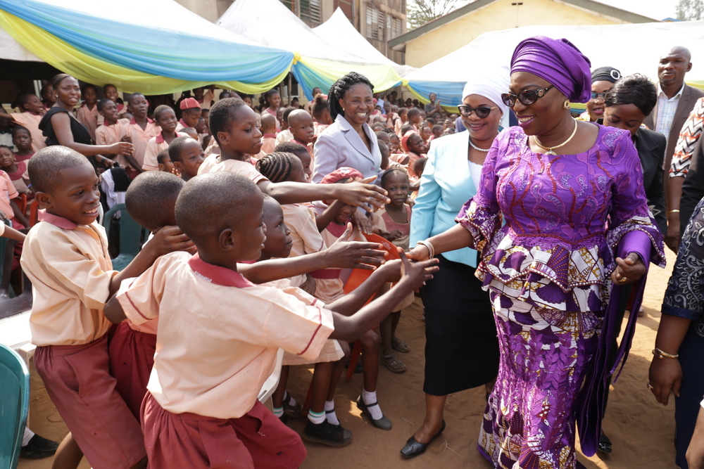Wife of Lagos State Governor, Mrs. Bolanle Ambode (right), with pupils of Lagos State Public Primary Schools during the flag-off of Mass Deworming programme for pupils in Public Primary Schools, organized by  the Ministry of Youth and Social Development, at Maryland, Lagos, on Monday, 23 January, 2017. With her is Special Adviser on Housing, Mrs. Aramide Giwanson (2nd right).