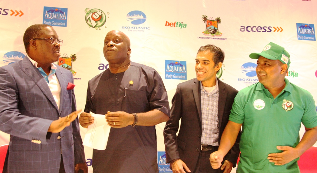 Executive Director, Access Bank/Head of Organising Committee, Mr. Victor Etuokwu; Special Adviser/Chairman, Lagos State Sports Commission, Mr. Deji Tinubu; Acting President, International Association of Ultra Runners, Mr. Nadeem Khan and  Marketing Director of 7UP, Mr. Norden Thurston during a press conference on the Lagos City Marathon at the Eko Hotels & Suites, Victoria Island, Lagos, on Friday, February 10, 2017.