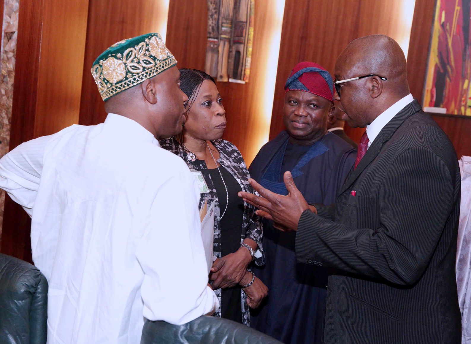 Lagos State Governor, Mr. Akinwunmi Ambode (2nd right); his Ekiti State counterpart, Governor Peter Ayo Fayose (right); Minister of Transportation, Mr Rotimi Amaechi (left) during the National Economic Council meeting at the Council Chamber, State House, Abuja, on Thursday, February 16, 2017
