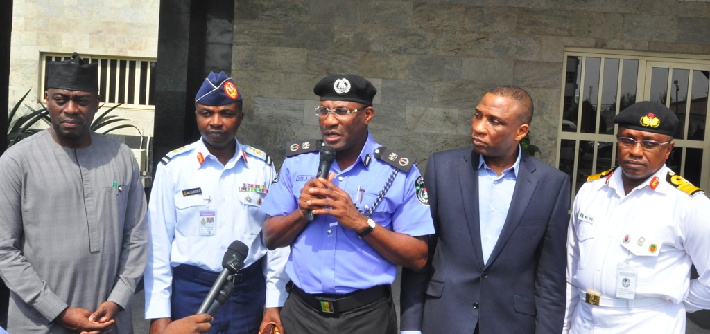 Executive Secretary, Lagos State Security Trust Fund (LSSTF), Dr. Abdulrazaq Balogun; Commander 551 Base Service Group, Air Commodore Musbau Olumide Olatunji; State Commissioner of Police, Mr. Fatai Owoseni; Secretary to the State Government, Mr. Tunji Bello and Commander NNS Beecroft, Commodore Morris Ansa Eno during the briefing of Government House Correspondents shortly after the State Security Council meeting  presided over by Governor Akinwunmi Ambode at the Lagos House, Ikeja, on Tuesday, February 28, 2017.