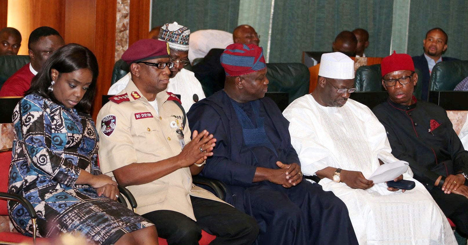 Lagos State Governor & representative of South West Zone on National Road Safety Advisory Council (NARSAC), Mr. Akinwunmi Ambode (middle), with his Gombe and Delta States counterpart, Governor Ibrahim Dankwambo (2nd right), Governor Ifeanyi Okowa (right); Corp Marshal/Chief Executive, Federal Road Safety Corps (FRSC), Mr. Boboye Oyeyemi (2nd left) and Minister of Finance, Mrs. Kemi Adeosun (left) during the inauguration of NARSAC at the Council Chamber, State House, Abuja, on Thursday, February 16, 2017.