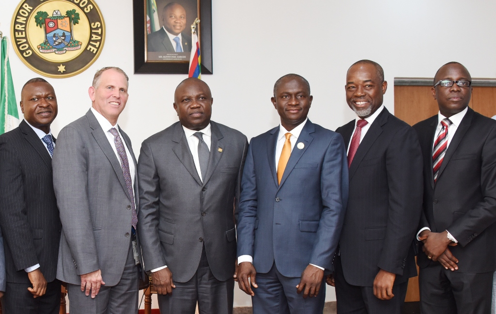 Lagos State Governor, Mr. Akinwunmi Ambode (3rd left); General Manager, Policy, Government & Public Affairs, Chevron Nigeria Limited, Mr. Esimaje Brikinn; Chairman/Managing Director, Chevron Nigeria Limited, Mr. Jeffrey Ewing; Commissioner for Energy & Mineral Resources, Mr. Wale Oluwo (right); General Manager, Deep Water, Chevron Nigeria Limited, Mr. Lanre Kalejaiye and Commissioner for Finance/Economic Planning & Budget, Mr. Akinyemi Ashade during the Chevron Chairman courtesy visit to the Governor at the Lagos House, Ikeja, on Wednesday, March 22, 2017.