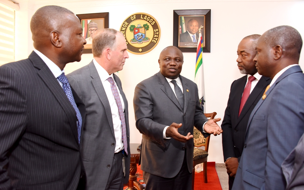  Lagos State Governor, Mr. Akinwunmi Ambode (middle); Chairman/Managing Director, Chevron Nigeria Limited, Mr. Jeffrey Ewing (2nd left);  General Manager, Policy, Government & Public Affairs, Chevron Nigeria Limited, Mr. Esimaje Brikinn (left); Commissioner for Energy & Mineral Resources, Mr. Wale Oluwo (right) and General Manager, Deep Water, Chevron Nigeria Limited, Mr. Lanre Kalejaiye (2nd right) during the Chevron Chairman courtesy visit to the Governor at the Lagos House, Ikeja, on Wednesday, March 22, 2017.