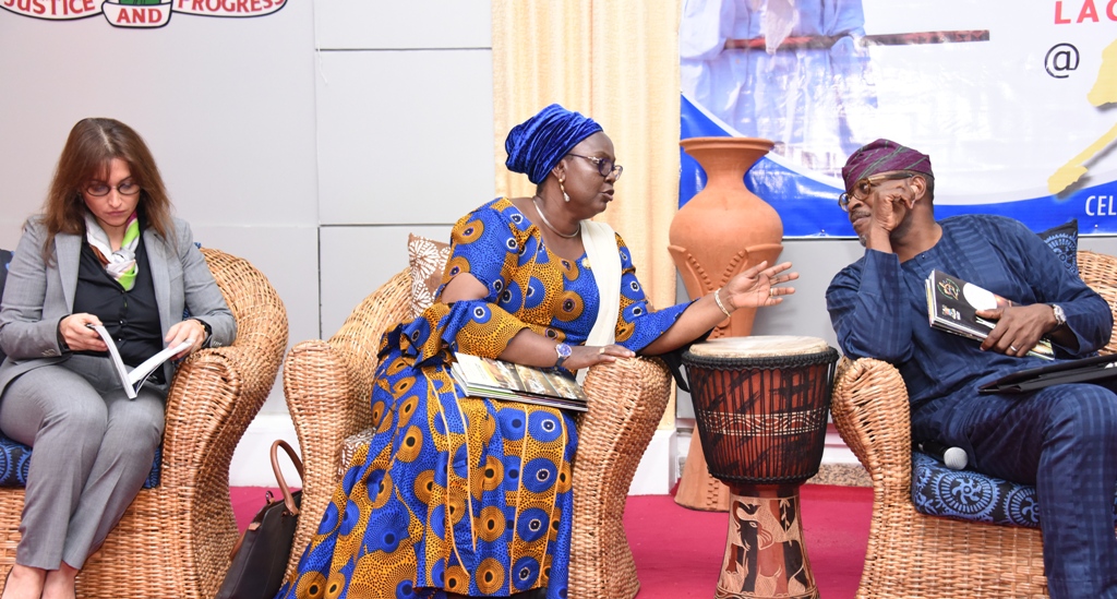 Acting Commissioner for Tourism, Arts & Culture, Mrs. Adebimpe Akinsola (middle); Co-Chairman, Lagos @ 50 Committee, Mr. Habeeb Fasinro (right) and member of the Committee, Mrs. Sarah Boulos during a World Press Conference on the Lagos @ 50 celebrations, at the Banquet Hall, Lagos House, Ikeja, on Monday, March 27, 2017.