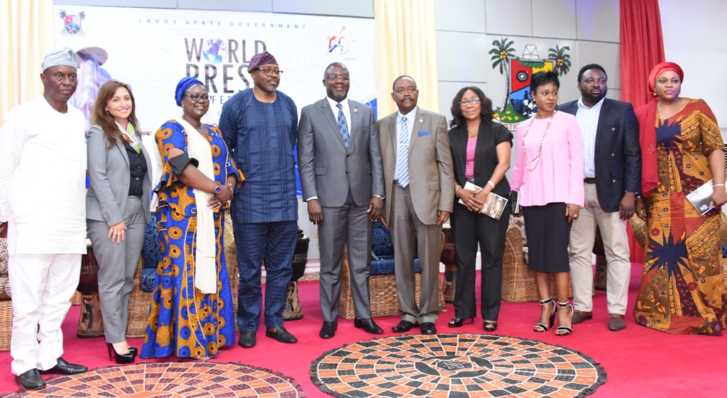 Co-Chairman, Lagos @ 50 Committee, Mr. Habeeb Fasinro (4th left); Acting Commissioner for Tourism, Arts & Culture, Mrs. Adebimpe Akinsola (3rd left); Special Adviser, Office Of Overseas Affairs & Investment (Lagos Global), Prof. Ademola Abass (5th left) and other members of the Committee during a World Press Conference on the Lagos @ 50 celebrations, at the Banquet Hall, Lagos House, Ikeja, on Monday, March 27, 2017.