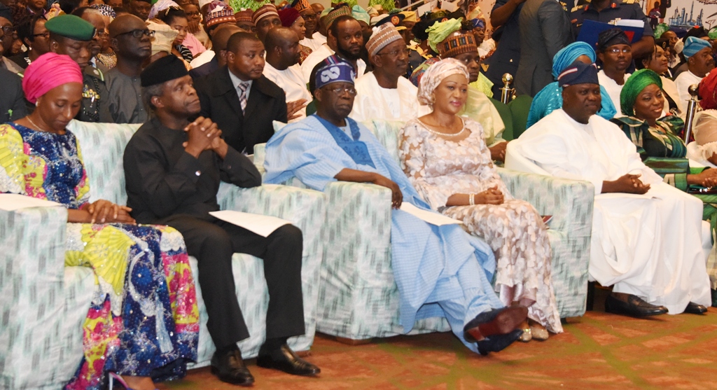 Wife of the Vice President, Mrs. Osinbajo, her husband, Prof. Yemi Osinbajo, the Celebrant, Asiwaju Bola Ahmed Tinubu; his wife, Senator Oluremi Tinubu; Lagos State Governor, Mr. Akinwunmi Ambode and his wife, Bolanle during the 9th Annual Bola Tinubu Colloquium with the theme Make It In Nigeria as part of activities marking Asiwaju’s 65th birthday at the Eko Hotel and Suites, Victoria Island, Lagos, on Tuesday, March 28, 2017