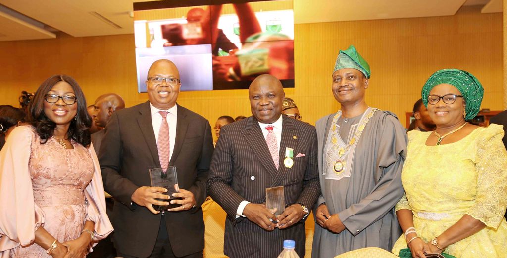 L-R: Wife of Lagos State Governor, Mrs. Bolanle Ambode; Country Senior Partner, Pricewaterhouse Coopers Nigeria, Mr. Uyi Akpata; Governor Akinwunmi Ambode; President, Institute of Chartered Accountants of Nigeria (ICAN), Deacon Titus Soetan and his wife, Toun during the ICAN 2017 Annual Dinner and Awards at the Oriental Hotel, Lekki-Epe Expressway, Lagos, on Friday, April 29, 2017.