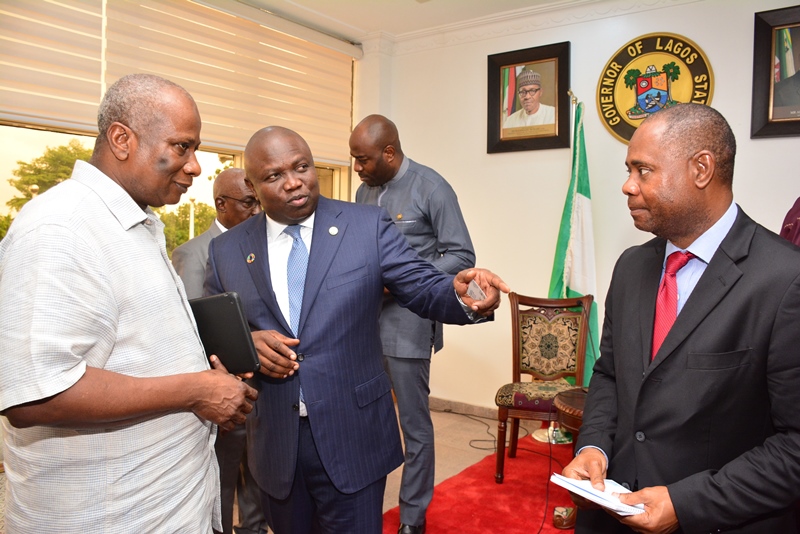 Lagos State Governor, Mr. Akinwunmi Ambode (middle), with the United Nations Resident/Humanitarian Coordinator & UNDP Representative, Mr. Edward Kallon (left) and Special Assistant to the Humanitarian Coordinator, Mr. Frederic Eno (right) during the UN Resident Representative courtesy visit to the Governor at the Lagos House, Ikeja, on Thursday, April 13, 2017