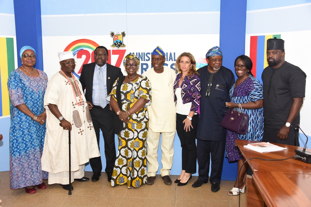 Director of Culture, Lagos State Council for Arts and Culture, Mrs. Olaitan Otulana; Member, Lagos State Board of Arts & Culture and Mobee of Badagry, High Chief Patrick Yodenu Mobee; Commissioner for Information & Strategy, Mr. Steve Ayorinde; Acting Commissioner for Tourism, Arts & Culture, Hon. Mrs. Adebimpe Akinsola; Permanent Secretary, Tourism, Arts & Culture, Mr. Adewale Ashimi; Chairman, Board of Arts & Culture, Mrs. Polly Alakija; and members of the Board; Mr. Kolade Oshinowo, Joke Silva and Mr. Kunle Afolayan during the 2017 Ministerial Press Briefing of Ministry of Tourism, Arts & Culture at the Bagauda Kaltho Press Centre, Alausa Secretariat on Monday April 24, 2017.