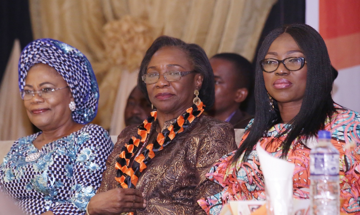 Wife of Lagos State Governor, Mrs. Bolanle Ambode (right); Chairman of the Occasion, Prof. Folashade Ogunsola and Deputy Governor of Osun State, Chief (Mrs) Grace Titi-laoye Tomori during the Book Launch/Public Presentation of the book “50 Years of Caring & Imparting”, to mark the Society’s Golden Jubilee, at the ULWS School Hall, UNILAG, Lagos, on Tuesday, April 4, 2017.