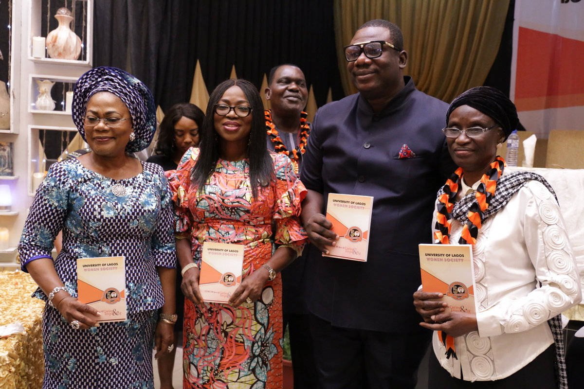 Wife of Lagos State Governor, Mrs. Bolanle Ambode (2nd left); Deputy Governor of Osun State, Chief (Mrs) Grace Titi-laoye Tomori (left); President, University of Lagos Women Society (ULWS), Mrs. Momudat Bello (right) and Engr. Lai Omotola (2nd right) during the Book Launch/Public Presentation of the book “50 Years of Caring & Imparting”, to mark the Society’s Golden Jubilee, at the ULWS School Hall, UNILAG, Lagos, on Tuesday, April 4, 2017.