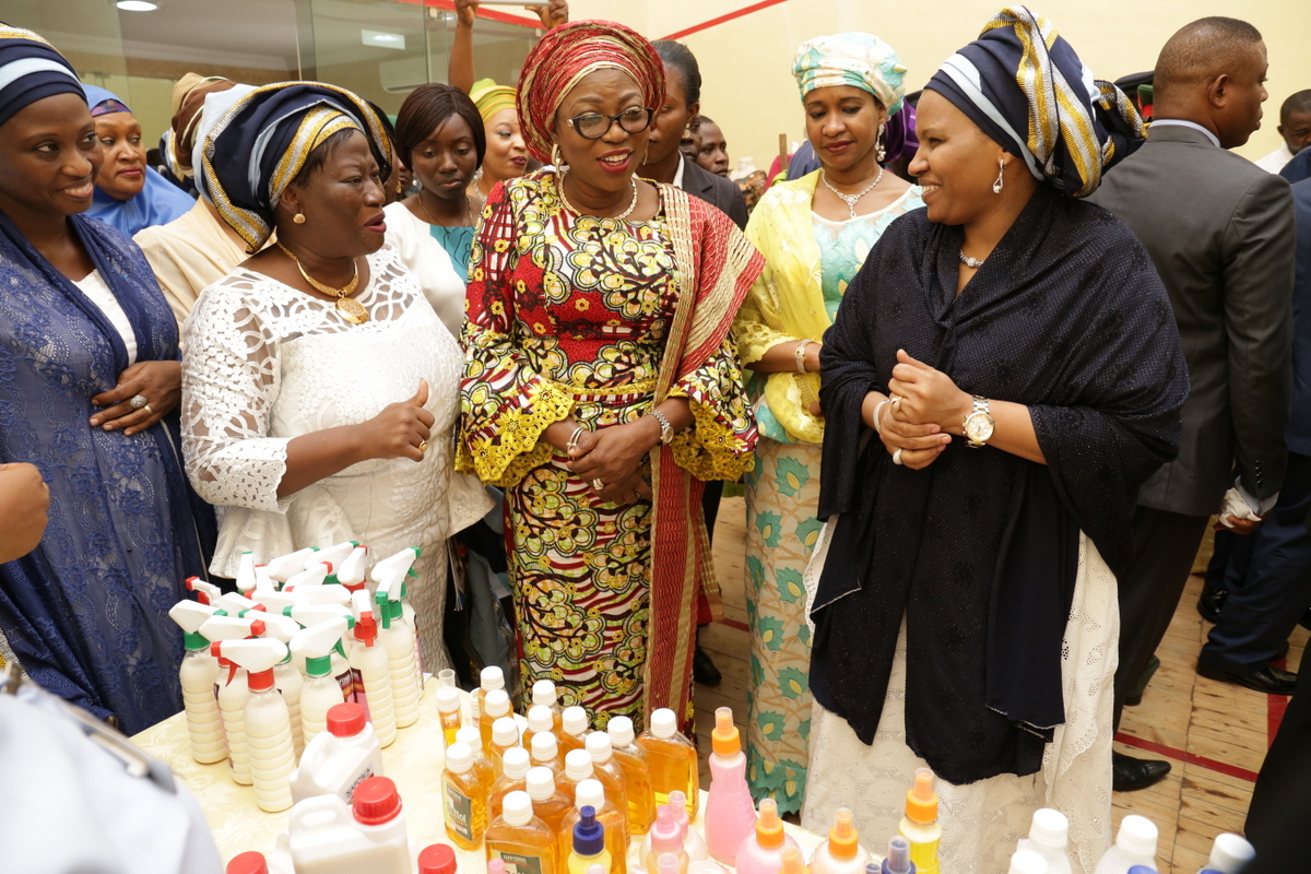 Wife of Lagos State Governor, Mrs. Bolanle Ambode (middle); wife of the Chief of  Staff to the President, Mrs. Abba Kyari (2nd right); National President of Nigerian Air Force Officers Wives Association (NAFOWA),  Hajiya Hafsat Abubakar (right);  Mrs. Jumoke Olatunji (2nd left) and Mrs. Larai Gbum (left), at the exhibition stands during the graduation and closing ceremony of NAFOWA Skills Acquisition and Vocational Training program for the youths and women, at the Sam Ethnan Air Force Base, Ikeja, on Thursday, 27 April, 2017.  