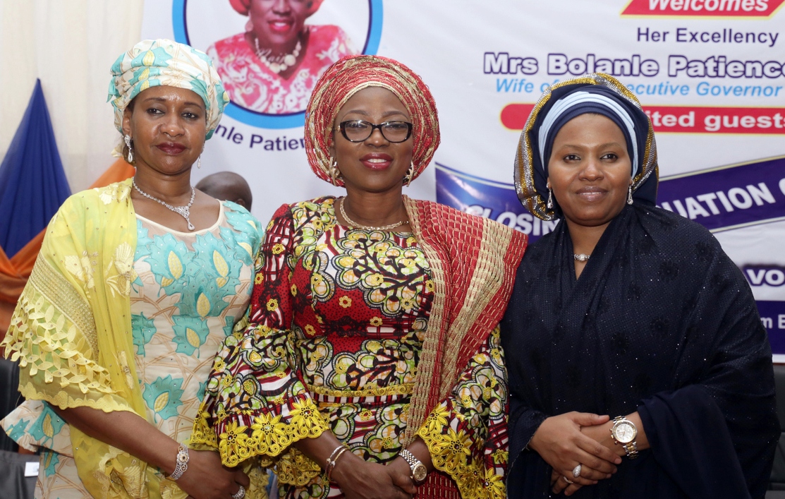 Wife of Lagos State Governor, Mrs. Bolanle Ambode (middle), flanked by the President, Nigerian Air Force Officers Wives Association (NAFOWA), Hajiya Hafsat Abubakar (right) and wife of Chief of Staff to the President, Mrs. Abba Kyari (left) during the graduation and closing ceremony of NAFOWA Skills Acquisition and Vocational Training program for the youths and women, at the Sam Ethnan Air Force Base, Ikeja, on Thursday, 27 April, 2017.