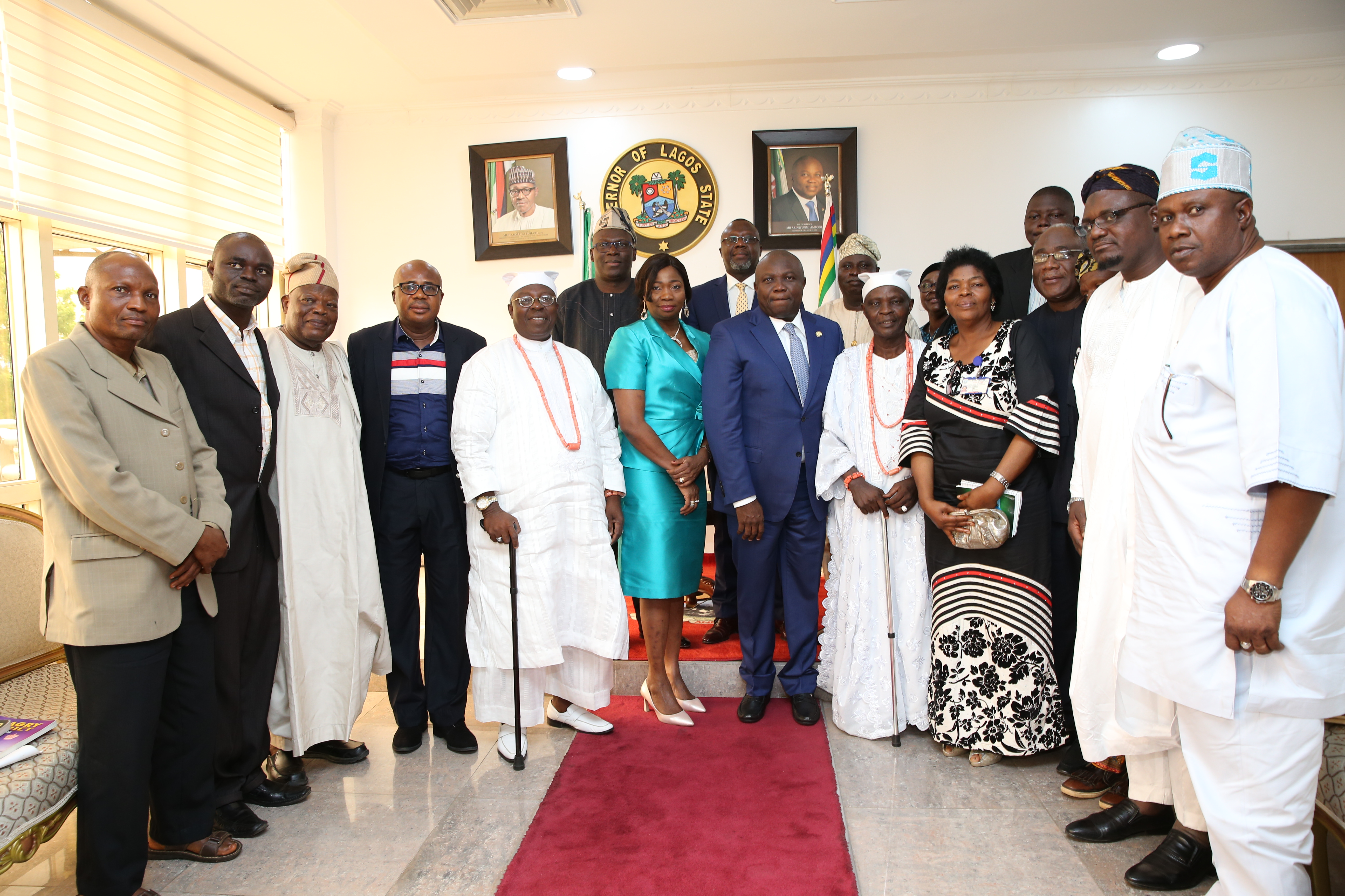 Lagos State Governor, Mr. Akinwunmi Ambode (middle), in a group photograph with the delegates of First Annual Diaspora Festival in Badagry and some members of the State Executive Council during the courtesy visit to the Governor by the delegates at the Lagos House, Ikeja, on Wednesday, May 3, 2017.