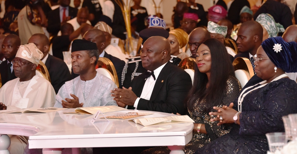  Lagos State Governor, Mr. Akinwunmi Ambode (middle); Acting President, Prof. Yemi Osinbajo (2nd left); former Governor of Lagos State, Asiwaju Bola Tinubu (left); wife of Lagos State Governor, Mrs. Bolanle Ambode (2nd right) and Deputy Governor, Dr. (Mrs) Oluranti Adebule (right) during the Lagos @ 50 Gala Night at the Lagos House, Ikeja, on Saturday, May 27, 2017.