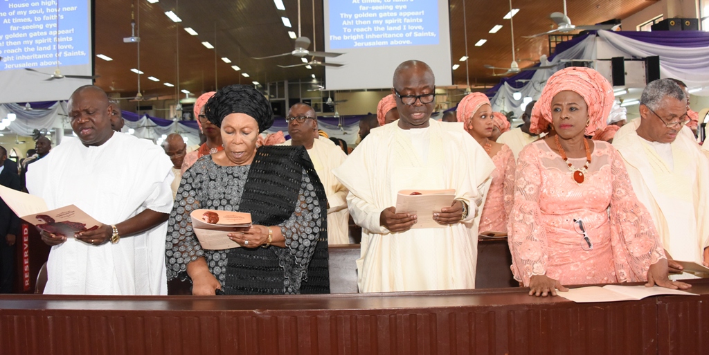 Lagos State Governor, Mr. Akinwunmi Ambode; Widow of Maj. Gen. Adeyinka Adebayo (rtd), Modupe; Son of the deceased & former Governor of Ekiti State, Otunba Niyi Adebayo; Daughter of the deceased, Mrs. Nike Makinde and her husband, Mr. Kunle Makinde during the commendation service for the Retired Major General at the Archbishop Vining Memorial Church Cathedral, G.R.A, Ikeja, Lagos, on Thursday, May 18, 2017.