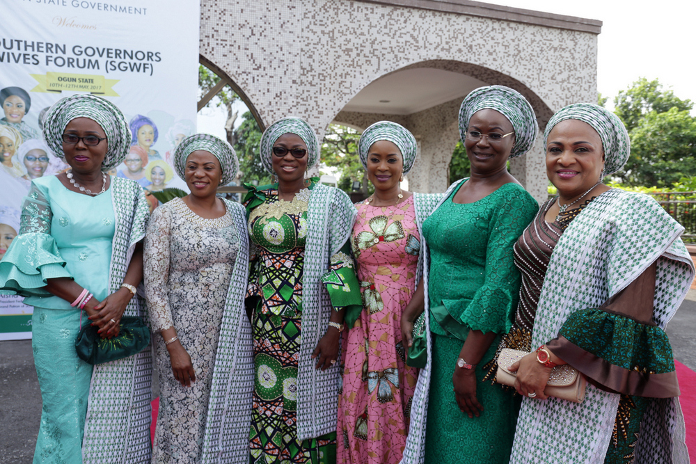 Wives of South West Governors – Mrs. Betty Anyanwu-Akeredolu (Ondo State); Alhaja Sherifat Aregbesola (Osun State); Mrs. Bolanle Ambode (Lagos State); Dr. (Mrs) Olufunso Amosun (Ogun State), Evang. Feyi Fayose (Ekiti State) and Mrs. Florence Ajimobi (Oyo State) during the 5th quarterly meeting of Southern Governors Wives’ Forum (SGWF) at the Government House, Abeokuta, Ogun State, on Thursday, May 11, 2017.
