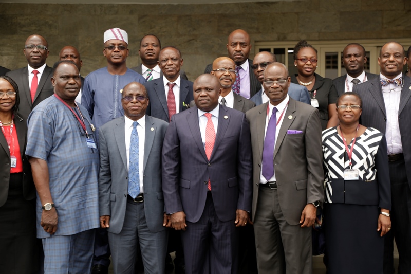 Lagos State Governor, Mr. Akinwunmi Ambode (middle), Vice Chancellor, University of Lagos (UNILAG), Prof. Rahamon Bello (2nd left); Deputy Vice Chancellor, Management Science, UNILAG, Prof. Ben Ogbojafor (left); Deputy Vice Chancellor, Academic & Research, UNILAG, Prof. Oluwatoyin Ogundipe (2nd right); Librarian, Dr. Olukemi Fadehan (right) and others during the UNILAG Management courtesy visit to the Governor at the Lagos House, Ikeja, on Tuesday, May 2, 2017