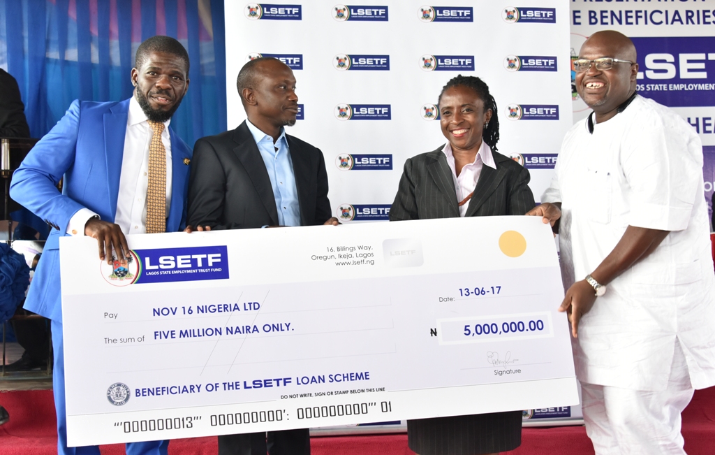  Executive Secretary, Lagos State Employment Trust Fund (LSETF), Mr. Akin Oyebode; Chairman, House Committee on Wealth Creation & Employment, Hon. Sola Giwa; Chairman, LSETF, Mrs. Ifueko Omoigui Okauru and beneficiary, representative of NOV 16 Nigeria Limited during the LSETF Cheque presentation ceremony at the De Blue Roof, LTV, Agidingbi, Ikeja, on Tuesday, June 13, 2017.