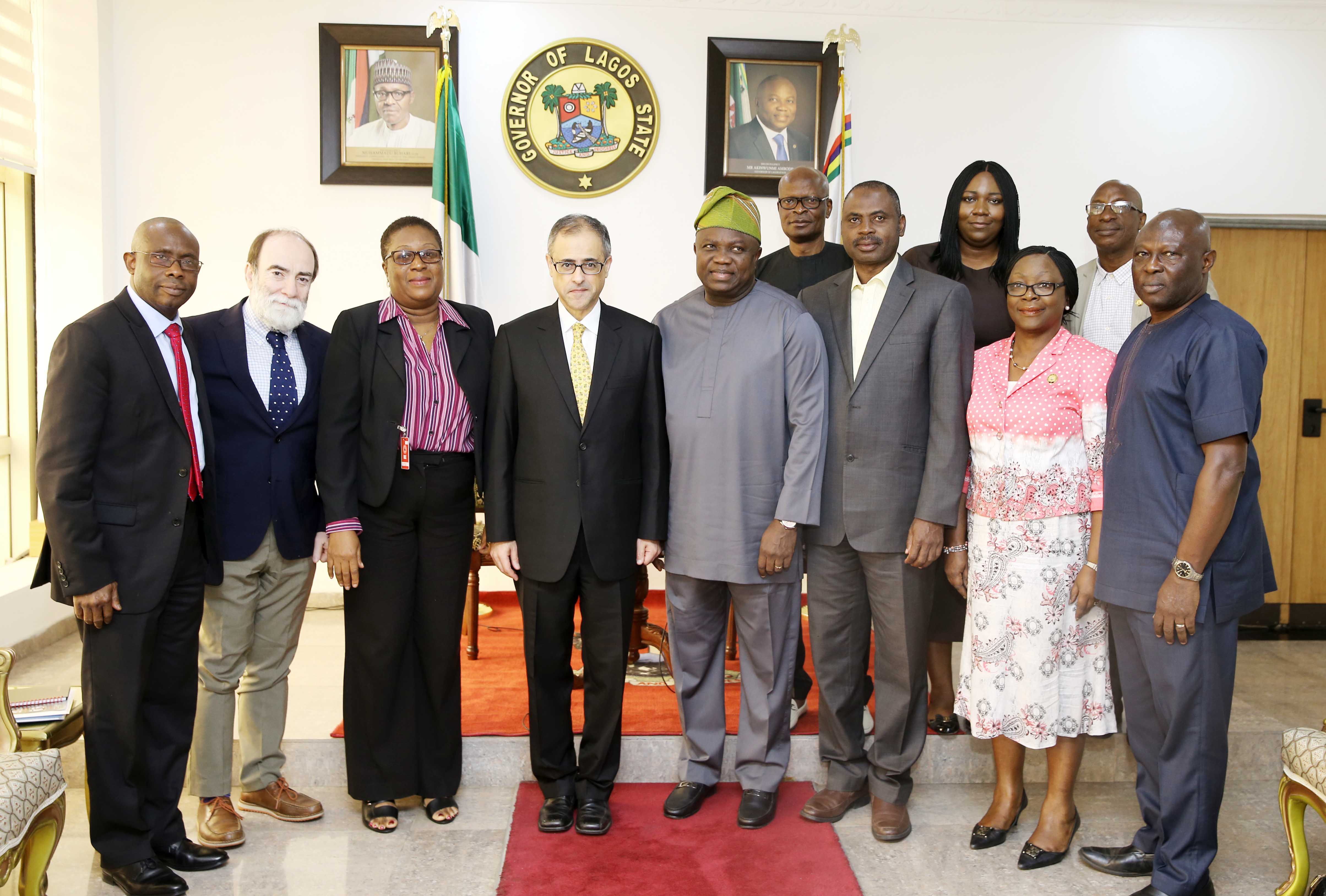 Lagos State Governor, Mr. Akinwunmi Ambode (middle); Country Director, World Bank, Mr. Rachid Benmessaoud (3rd left); Senior Operations Specialist, World Bank, Mrs. Ngozi Udolisa (2nd left); Lead Urban Specialist, South Africa, Dr. Sateh El-Arnaout (left); Commissioner for Water Infrastructure Development, Engr. Ade Akinsanya (right); Head of Service, Mrs. Olabowale Ademola (2nd right); Senior Transport Specialist, World Bank, Engr. Tunji Ahmed (3rd right) and Special Adviser to the Governor on Audit & Finance, Mr. Adeniyi Popoola (right behind) during the courtesy visit to the Governor at the Lagos House, Ikeja, on Thursday, July 13, 2017.