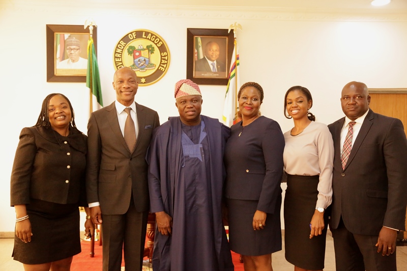 Lagos State Governor, Mr. Akinwunmi Ambode (3rd left); Managing Director, Guaranty Trust Bank, Mr. Segun Agbaje (2nd left) and Assistant General Manager, Guaranty Trust Bank, Mrs. Sherifat Dawodu (3rd right); Team Head, Public Sector Group, Guaranty Trust Bank, Mrs. Aisha Sambo (2nd right); Group Head, Public Sector, Guaranty Trust Bank, Mr. Rotimi Bamiloyo (right) and member, Public Sector Group, Guaranty Trust Bank, Mrs. Mopelade Ojo (left) during the courtesy visit to the Governor at the Lagos House, Ikeja, on Tuesday, July 11, 2017. 