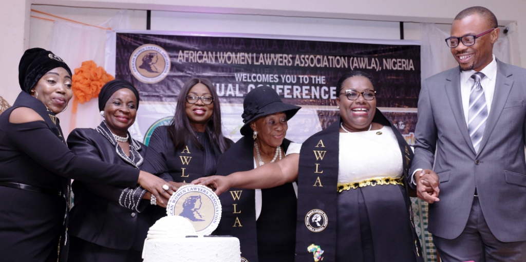 Wife of Lagos State Governor, Mrs. Bolanle Ambode (3rd left); President, African Women Lawyers’ Association - Nigeria, Mandy Demechi-Asagba (left); Rep. of Chief Judge of Lagos, Mrs. Abiola Soladoye (2nd left); Lady Folake Solanke (3rd right); Guest speaker, Nana Oye Lithur (2nd right); and Mr. Rudolf Ezeani, during the AWLA parley, as part of activities marking the Annual General Conference of Nigerian Bar Association (NBA), at Victoria Island, Lagos, recently
