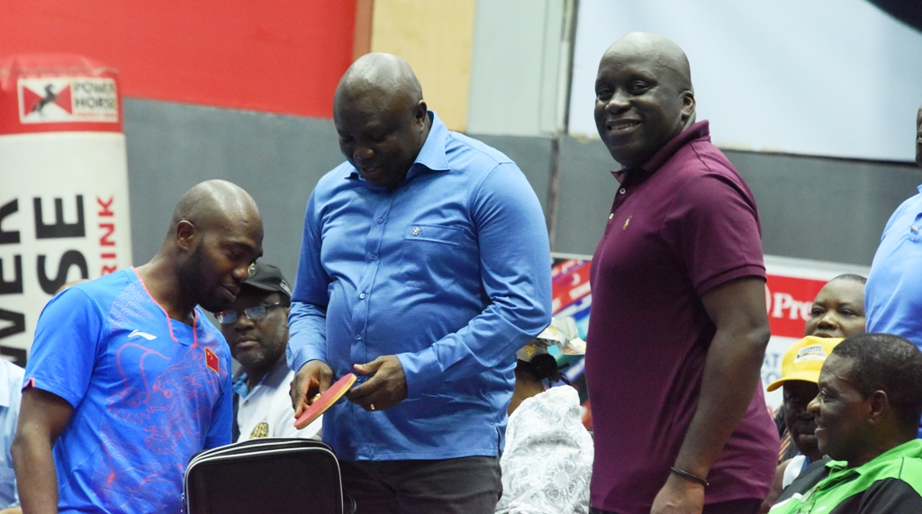 Lagos State Governor, Mr. Akinwunmi Ambode (2nd left), with Nigeria Table Tennis player, Bode Abiodun (left); Special Adviser to the Governor on Sports, Mr. Deji Tinubu (2nd right); and Vice President, ITTF Africa, Mr. Banji Oladapo (right) during the Seamaster ITTF Challenge Nigeria Open at the Teslim Balogun Stadium, Surulere, on Sunday, August 13, 2017.