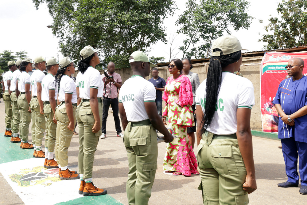  Wife of Lagos State Governor, Mrs. Bolanle Ambode, inspecting the ‘Quarter Guard’ mounted in her honour during her visit to the 2017 Batch ‘A’ Stream II corp members, at the NYSC Orientation Camp, Iyana-Ipaja, Lagos State, on Thursday, August 10, 2017.