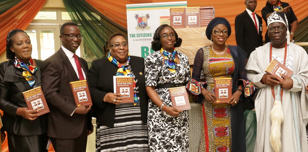 Wife of Lagos State Governor, Mrs. Bolanle Ambode (2nd right); representative of the Governor and Solicitor General/Permanent Secretary, Lagos State Ministry of Justice, Mrs. Funlola Odunlami (3rd right); Chairman of the occasion, Rtd. Justice Ayotunde Philips (3rd left); Officer, United Nation Information Centre, Lagos, Mr. Oluseyi Soremekun (2nd left); Director, Citizens’ Mediation Centre, Mrs. Oluwatoyin Odusanya (left) and Aladeshoyin of Noforija, Oba Babatunde Ogunlaja (right) during the 2017 United Nations International Day of Peace and 18th Stakeholders' Conference/Book Launch at Adeyemi Bero Auditorium, Alausa, Ikeja, on Thursday, 21 September, 2017.