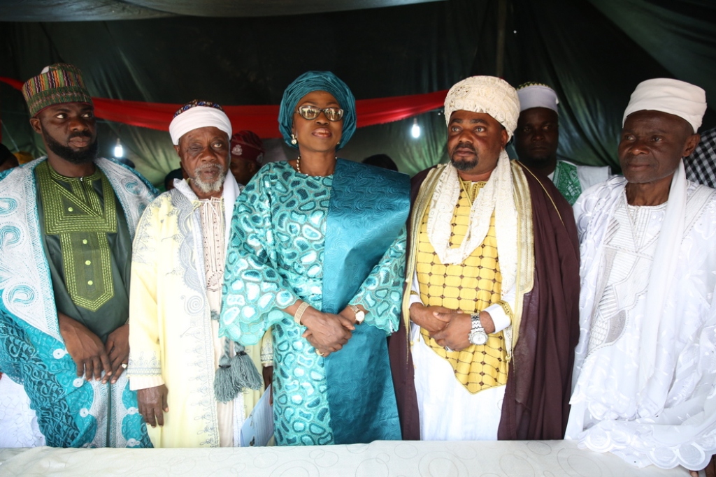 Wife of Lagos State Governor, Mrs. Bolanle Ambode (middle); flanked by Chief Imam of Epe Central Mosque, Imam AbdulRahman Sadala Abiola and members of Epe League of Imam, during the Eid-El-Kabir celebration, tagged “Odun Ileya Get-Together”, at one of the designated centres, Marina Waterfront, Epe, Lagos, on Saturday,  September 2, 2017.   