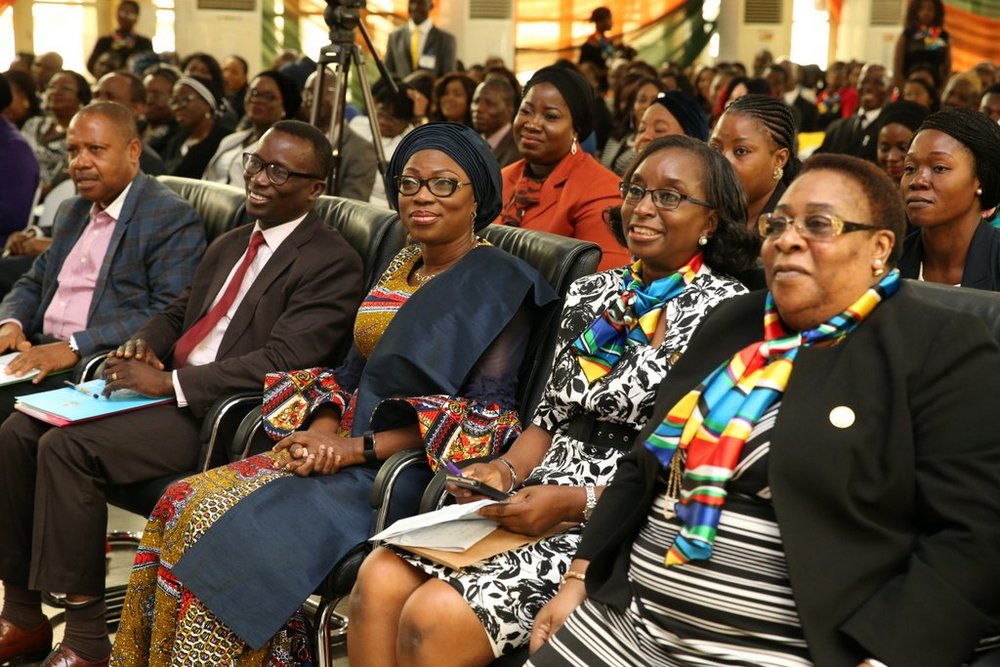 Wife of Lagos State Governor, Mrs. Bolanle Ambode (middle); representative of the Governor and Solicitor General/Permanent Secretary, Lagos State Ministry of Justice, Mrs. Funlola Odunlami (2nd right); Chairman of the occasion, Rtd. Justice Ayotunde Philips (right); Officer, United Nation Information Centre, Lagos, Mr. Oluseyi Soremekun (2nd left) and Rev. Father John Gbebe (left) during the 2017 United Nations International Day of Peace and 18th Stakeholders' Conference/Book Launch at Adeyemi Bero Auditorium, Alausa, Ikeja, on Thursday, 21 September, 2017.