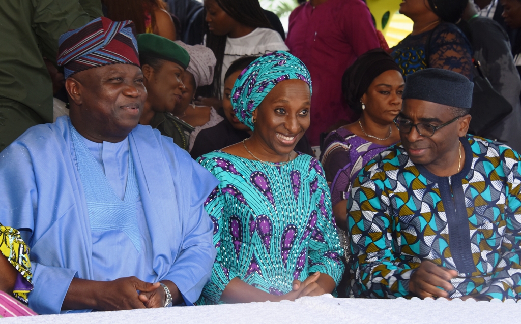 Lagos State Governor, Mr. Akinwunmi Ambode, with wife of the Vice President, Mrs. Dolapo Osinbajo and Mr. Segun Awolowo during the unveiling of the new Obafemi Awolowo Statue at Lateef Jakande Road, Ikeja, on Tuesday, September 26, 2017.