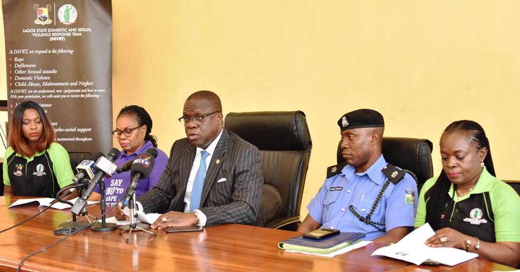 Lagos State Attorney General & Commissioner for Justice/Chairman, DSVRT, Mr. Adeniji Kazeem (middle), addressing the media during a parley to commemorate the Domestic and Sexual Violence Awareness Month at the Bagauda Kaltho Press Centre, Alausa, Ikeja, on Tuesday, September 5, 2017. With him are Coordiantor, Domestic and Sexual Violence Response Team (DSVRT), Mrs. Titilola Vivor-Adeniyi (left); Director, Citizen and Right Alternate, Mrs. Omotilewa Ibirogba (2nd left); Divisional Police Officer, Adele Police Station, SP. Ayodele Umujose (2nd right) and Founder, Mirabel Centre, Mrs. Itoro Eze-Anaba (right).