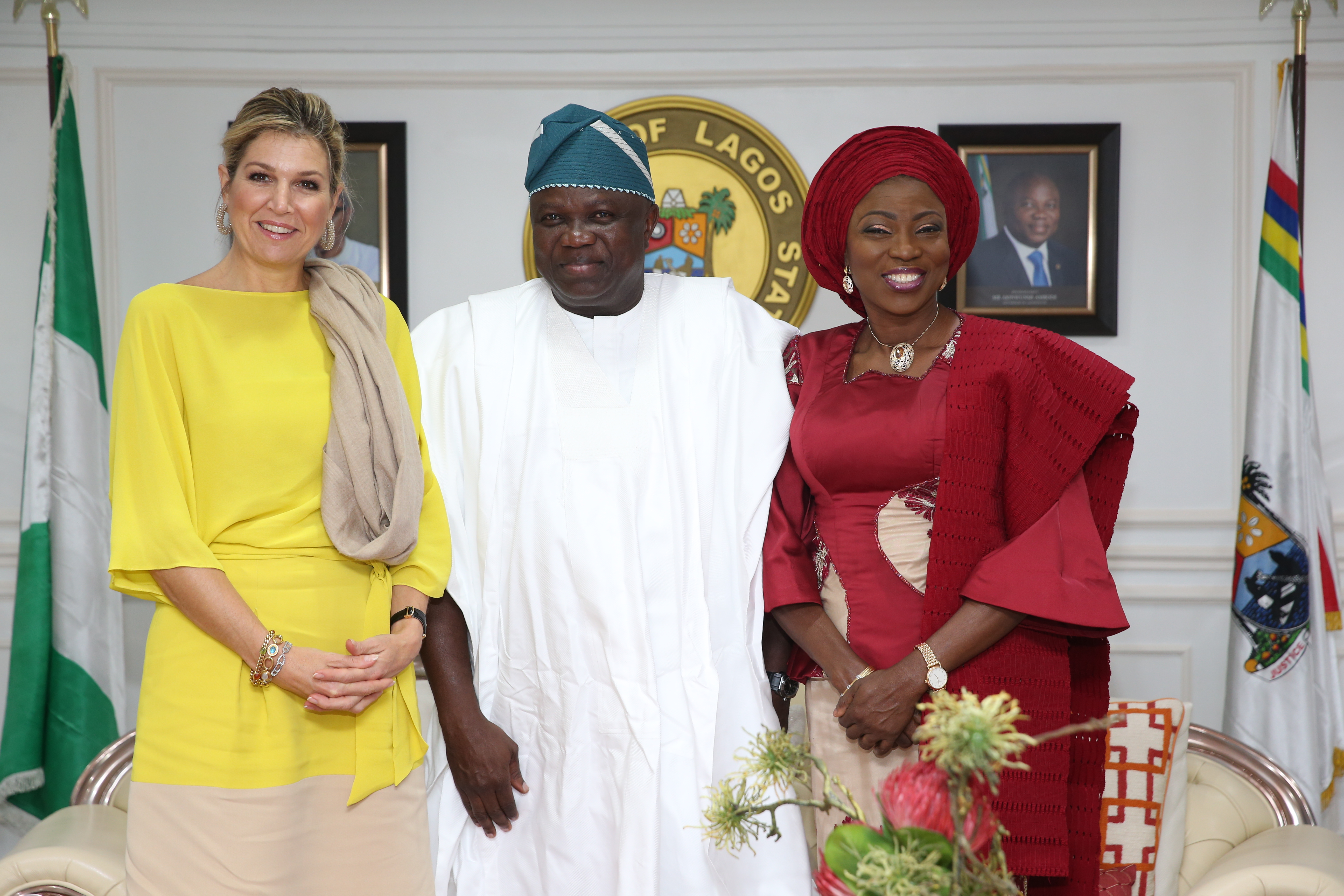 Lagos State Governor, Mr. Akinwunmi Ambode (middle); his wife, Bolanle (right) and Queen Maxima Zorreguieta Cerruti of the Netherlands (left) during the Queen’s courtesy visit at the Lagos House, Ikeja, on Tuesday, October 31, 2017. 