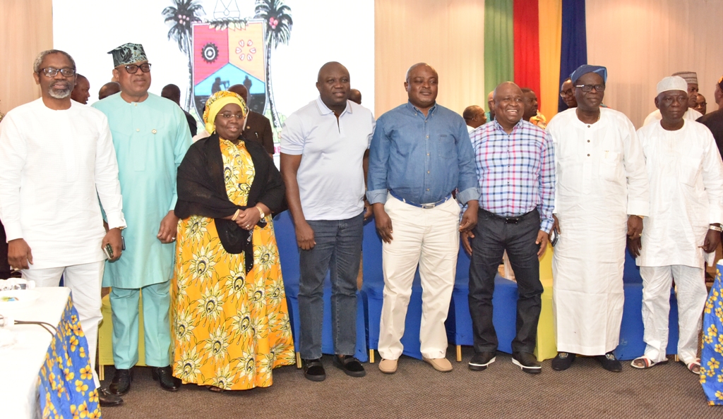 Lagos State Governor, Mr. Akinwunmi Ambode (4th left); his Deputy, Dr. (Mrs) Oluranti Adebule (3rd left); Senator Gbenga Ashafa representing Lagos East Senatorial District (2nd left); Majority Leader, House of Representatives, Hon. Femi Gbajabiamila (left); Speaker, Lagos State House of Assembly, Rt. Hon. Mudashiru Obasa (4th right); Senator Solomon Olamilekan Adeola representing Lagos West Senatorial District (3rd right); Deputy Chairman, All Progressives Congress (APC) Lagos State Chapter, Cardinal James Odunmbaku (2nd right) and Party Chieftain, Alhaji Akanni Seriki (right) during the opening of the Executive/Legislative Parley with the theme, Lagos - The Rise of a Mega City: A Collaboration That Works, at the Golden Tulip Hotel, Lagos, on Thursday, October 12, 2017. 