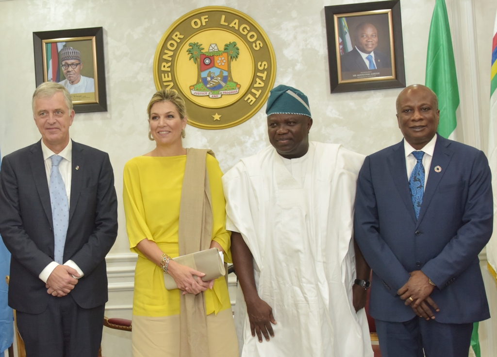 Lagos State Governor, Mr. Akinwunmi Ambode (2nd right); Queen Maxima Zorreguieta Cerruti of the Netherlands (2nd left); Ambassador of the Netherlands to Nigeria, Mr. Robert Petri (left) and  United Nations Development Programme Resident Representative, Mr. Edward Kallon (right) during the Queen’s courtesy visit to the Governor at the Lagos House, Ikeja, on Tuesday, October 31, 2017.