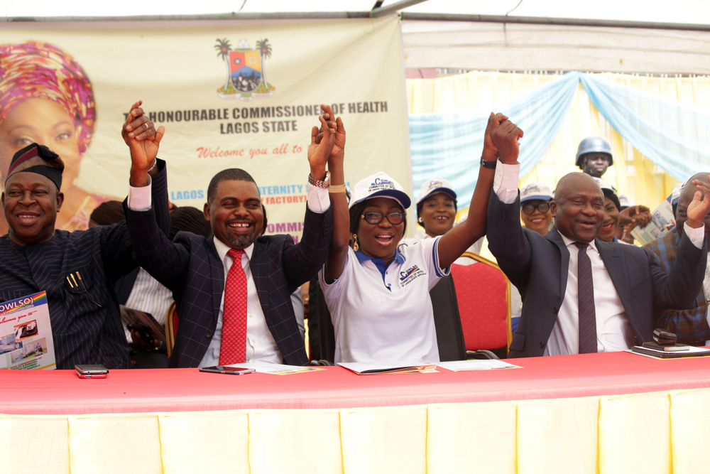 Wife of Lagos State Governor & Chairman, Committee of Wives of Lagos State Officials (COWLSO), Mrs. Bolanle Ambode (2nd right); Commissioner for Health, Dr. Jide Idris (right); Chairman, Lagos State House of Assembly Committee on Health, Hon. Segun Olulade (2nd left) and Special Adviser to the Governor on Primary Health Care, Dr. Olufemi Onanuga (left) during the commissioning of Intensive Care Unit facilities & donation of auditory equipment for General Hospitals by COWLSO, at the Lagos Island Maternity Hospital, on Wednesday, 4 October, 2017.