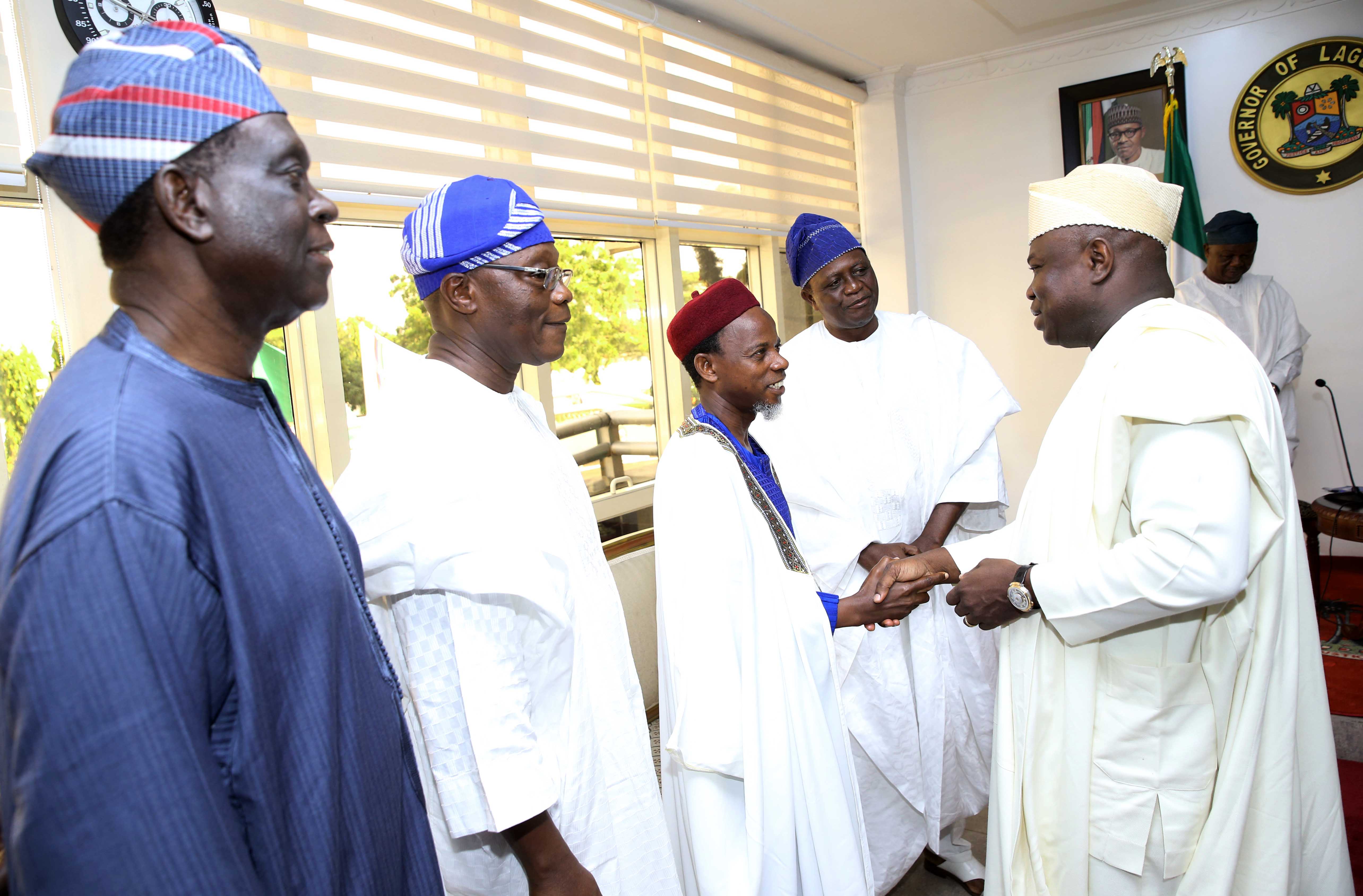Lagos State Governor, Mr. Akinwunmi Ambode; Chairman, Board of Trustee, NASFAT, Dr. Wale Olasupo; Chief Missioner Worldwide, NASFAT, Imam Onike AbdulAzeez; Vice Chairman, Mosque Committee, NASFAT, Alhaji Remi Bello and Chairman, National Council of Elders, NASFAT, Alhaji Olalekan Saliu during a courtesy visit by Leaders of NASFAT Islamic Group at the Lagos House, Ikeja, on Thursday, November 30, 2017.