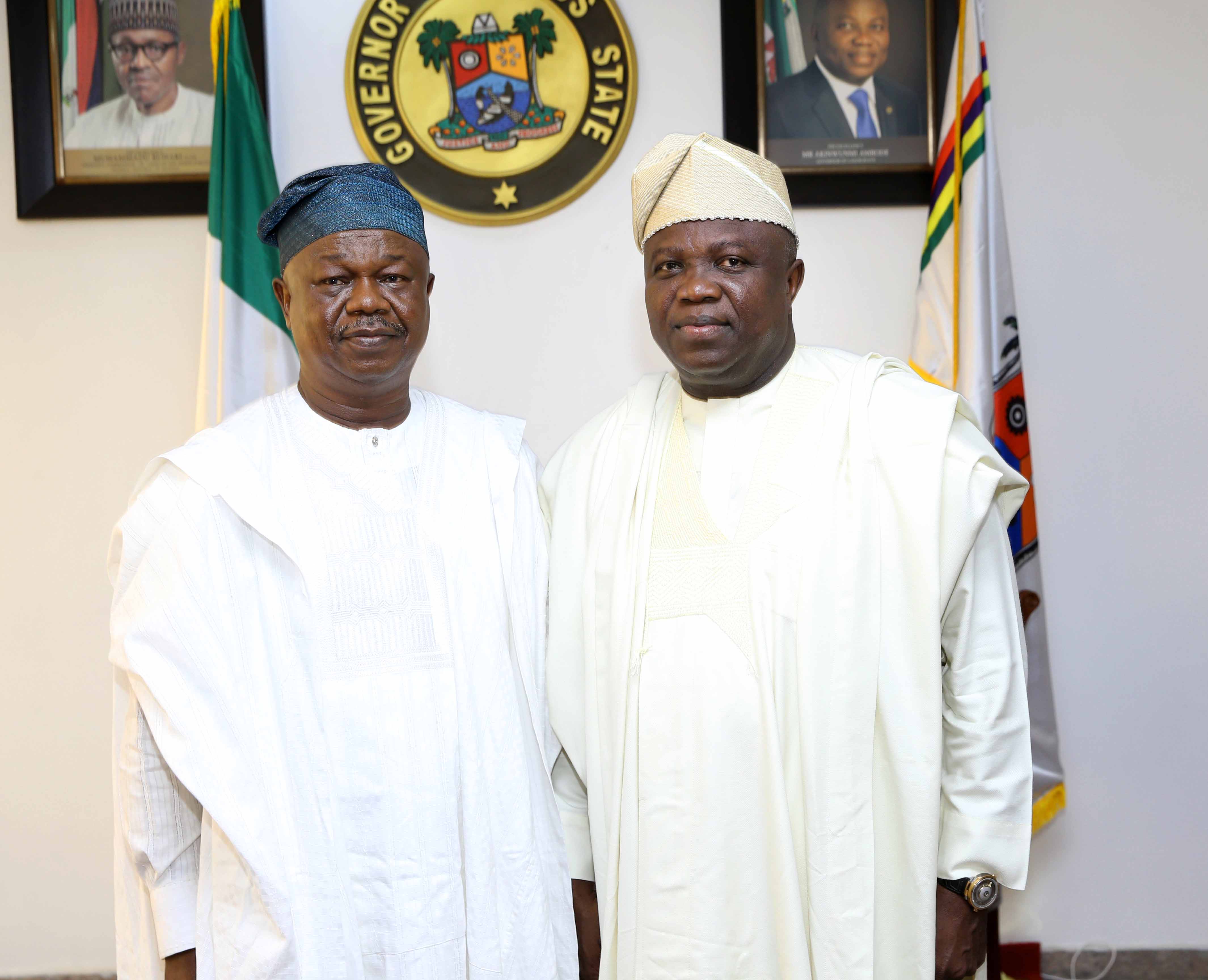 Lagos State Governor, Mr. Akinwunmi Ambode (right) and President, NASFAT, Alhaji Mohammed-Kamil Yomi Bolarinwa (left) during a courtesy visit by Leaders of NASFAT Islamic Group at the Lagos House, Ikeja, on Thursday, November 30, 2017.  
