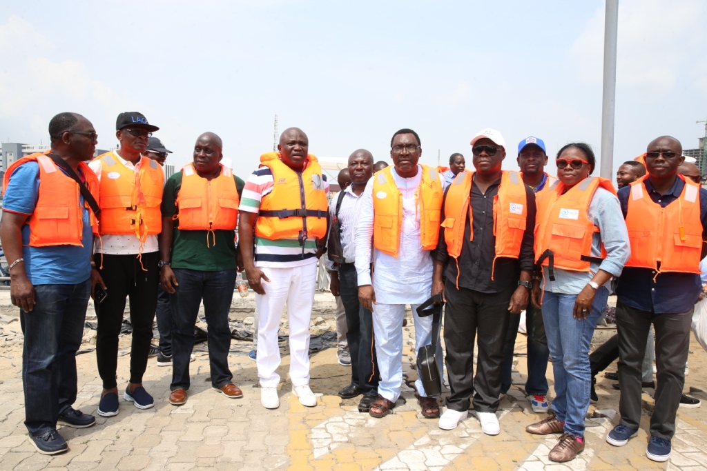 Lagos State Governor, Mr. Akinwunmi Ambode (3rd left); Special Adviser on Sports, Mr. Deji Tinubu (2nd left); Special Adviser on Finance & Audit Control, Mr. Adeniji Popoola (left); Commissioner for Water Infrastructure Development, Engr. Ade Akinsanya (3rd right); his counterpart for Information & Strategy, Mr. Steve Ayorinde (2nd right) and Attorney General & Commissioner for Justice, Mr. Adeniji Kazeem (right) during the commissioning of new Executive Boats acquired by the Lagos State Government at the Caverton Jetty, Victoria Island, Lagos, on Sunday, November 5, 2017.