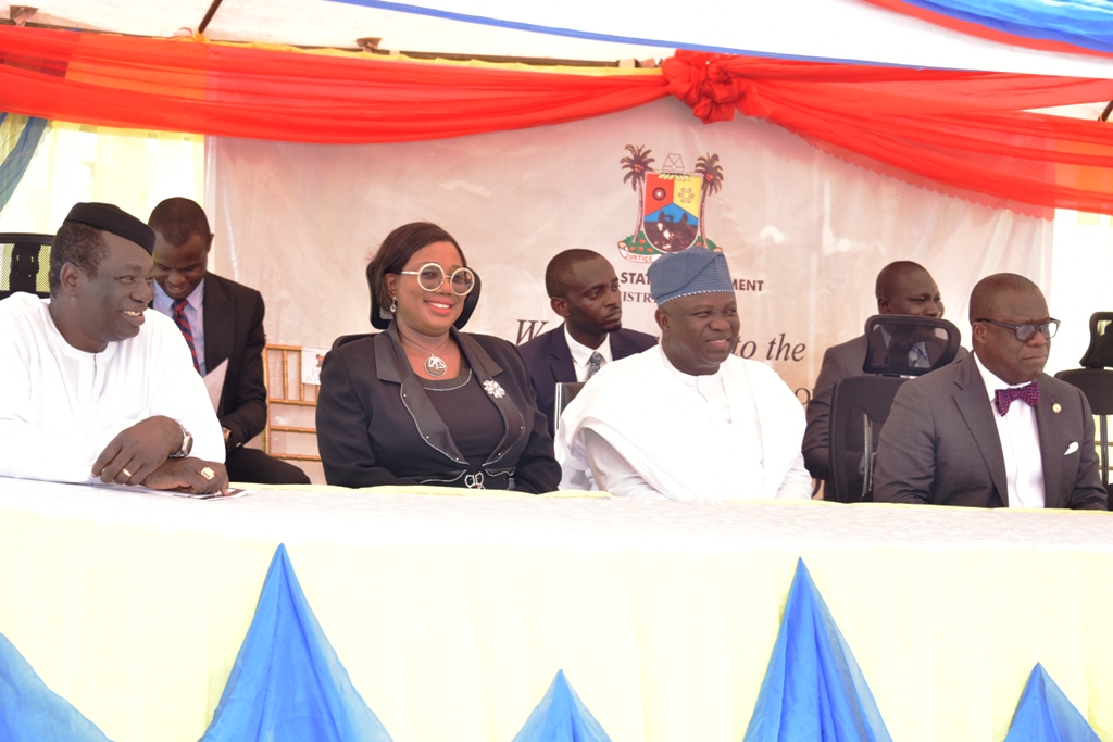 Lagos State Governor, Mr. Akinwunmi Ambode (2nd right); Attorney General & Commissioner for Justice, Mr. Adeniji Kazeem (right); Chief Judge of the State, Hon. Justice Opeyemi Oke (2nd left) and member, House of Representatives, Badagry Federal Constituency, Hon. Joseph Bamgbose (left) during the commissioning of the Olusola Thomas Courthouse in Badagry, on Thursday, November 9, 2017.