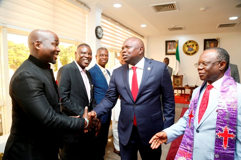 Lagos State Governor, Mr. Akinwunmi Ambode (2nd right); National President, Pentecostal Fellowship of Nigeria (PFN), Rev. Felix Omobude (right); member of PFN Delegation, Rev. Ben Eragbai (left); National General Overseer, The Redeemed Christian Church of God (RCCG), Pastor Joseph Obayemi (2nd left) and National Vice President, South West, PFN, Bishop Reuben Oke (3rd left) during the PFN courtesy visit at the Lagos House, Ikeja, on Monday, November 27, 2017.