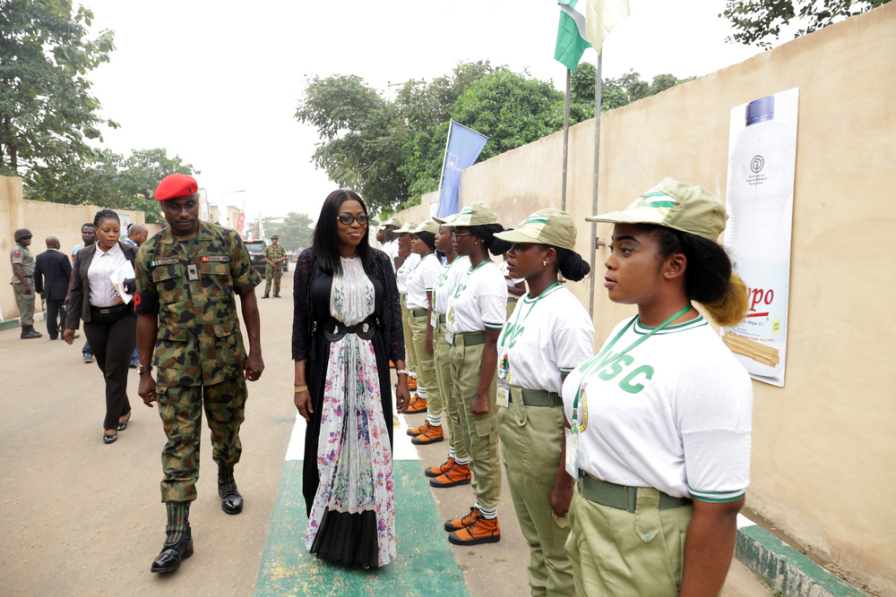 Wife of the Governor of Lagos State, Mrs Bolanle Ambode,  inspecting a Guard-of-honour, during the talk on Drug Abuse to Youths and its Economic and Social Implications on our Society for the 2017 Batch B Stream 1 Corps Members, deployed to Lagos State, at the NYSC Orientation Camp, Iyana-Ipaja, Lagos. 